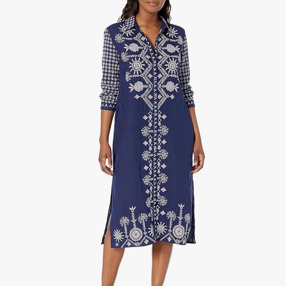 Johnny‎ Was Linen Embroidered Floral Button Down Midi Dress Size XS